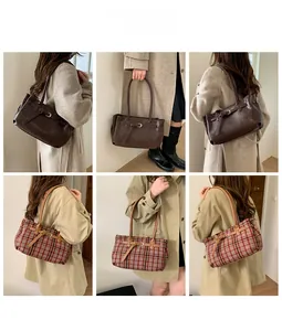 Detail view of large capacity tote bags in coffee leather and vintage tartan patterns