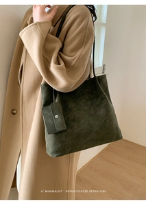 Detail of dark green matte tote bag with a small matching purse on an overcoat