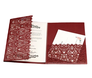 Laser-cut burgundy wedding invitation set with delicate lace vine hollow patterns