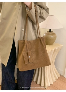 Minimalist retro brown suede tote bag with a small detachable coin purse and thin strap