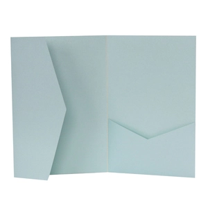 Detail view of the laser-cut light blue wedding invitation card with V-cut inner pocket