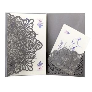 Laser cut hollow wedding invitation set in dark grey with elegant mandala floral pattern