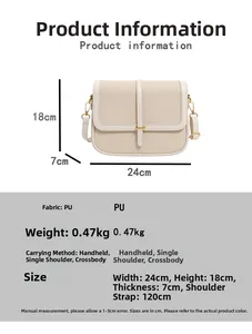 Detailed size specifications and material chart for the beige fabric square crossbody bag