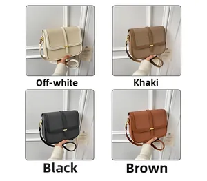 Detail view of the four-color palette showing off-white, khaki, black and brown crossbody bags
