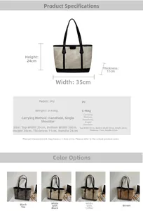 Detaillierte Maßtabelle und Farboptionen für große PU-Leder Shopper-Tasche mit Maßen