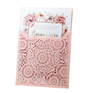 Laser cut floral invitation suite with pink hollow envelope and watercolor floral card