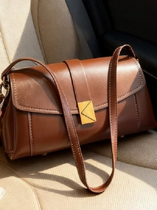 Retro PU Leather Shoulder Bag For Women Fashion Geometric Metal Buckle Crossbody Bag With Wood Bead Charm Vintage Underarm Handbag