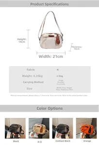Detail view of the pleated nylon crossbody bag showing dimensions and four color options