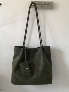 Minimalist large dark green tote bag with matching pouch in premium matte texture
