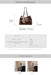 Detailed dimension chart for large brown PU leather tote bag with stylish bow accent