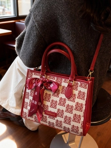 Red and white festive bridal tote bag with traditional pattern and silk scarf handle