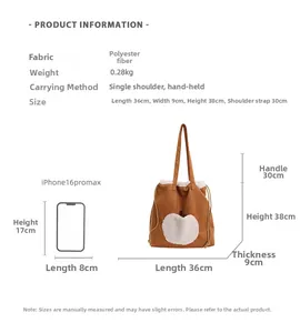 Brown sherpa tote bag with white plush heart detail and size reference comparison