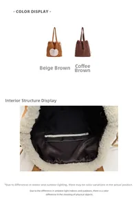 Detail view showing interior zipper pocket and plush drawstring bucket bag colors