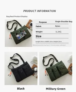 Detailed view of nylon utility messenger bag showing pockets and size parameters