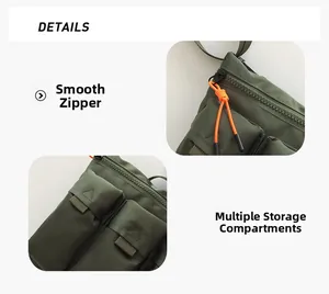 Detail of army green nylon bag featuring smooth zippers and multi-compartment storage