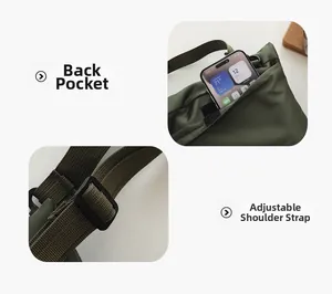 Detail of dark green crossbody bag featuring a hidden back pocket and adjustable strap