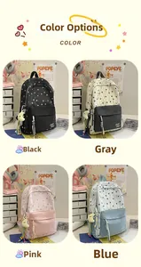 Detail view of large capacity canvas backpacks in black, gray, pink, and blue colors