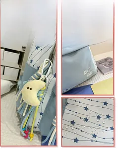 Detail view of water-resistant light blue star print backpack with plush moon pendant