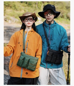 Outdoor tactical crossbody bag detail featuring multiple pockets and durable fabric texture