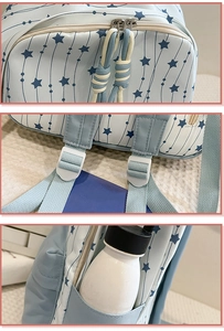 Detail showing dual metal zippers, adjustable straps, and side pocket on nylon school bag