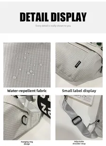 Détails du tissu en nylon imperméable, de l'étiquette et de la bandoulière réglable