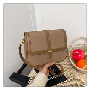 Detail of woven canvas shoulder bag with brown leather trim and gold metal buckle