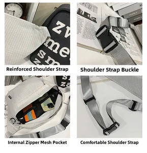 Détails de la sangle réglable et poche intérieure filet du sac bandoulière en nylon gris