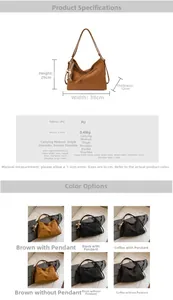Size chart showing PU leather hobo bag dimensions 29x38x12cm and color options with charms