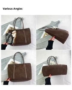 Detailed four-angle view of a brown suede tote bag with scarf and bear charm