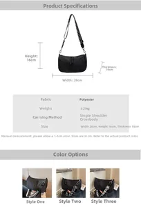 Detailed dimensions of black half-moon nylon crossbody bag with adjustable printed straps