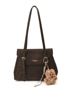 Sac fourre-tout vintage en cuir marron foncé avec boucles dorées et charme d'ours