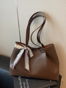 Women Fashion Large Capacity PU Leather Tote Bag With Silk Scarf Decor Commuter Single Shoulder Bag Casual Shopping Bag