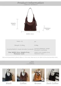 Size chart showing large PU leather tote bag dimensions: 33x41x12cm, 0.34kg, and colors
