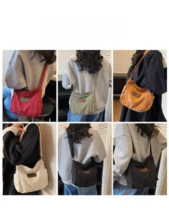 Detail view of large canvas tote bag showing five color options and side pocket structure
