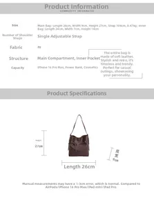 Detailed size chart for retro PU leather bucket bag set showing dimensions and capacity