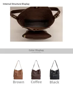 Detail view of large bucket bag interior structure with removable zipper pouch insert
