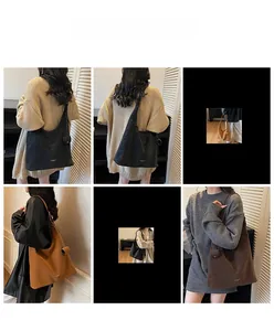 Detailed view of fashionable large capacity tote bag shown in black, brown and yellow