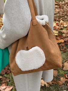 Brown faux suede tote bag with apple patch and drawstring for women's autumn style
