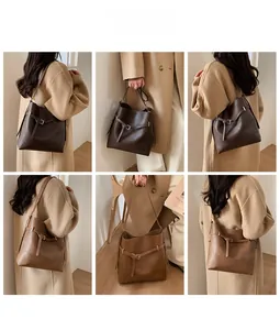 Collage of coffee and caramel bucket bags shown in various outfit styling scenes