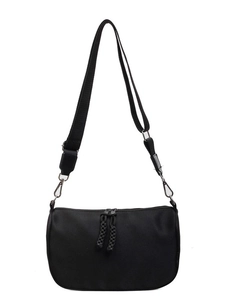 Minimalist black crescent crossbody bag with adjustable wide strap and dual zippers