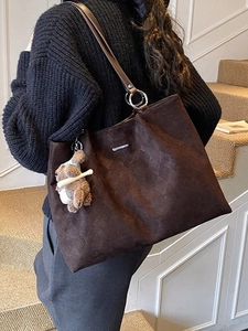 Large Capacity Women Quilted Tote Bag PU Leather Vintage Diamond Pattern Shoulder Bag With Bear Pendant Fashion Handbag