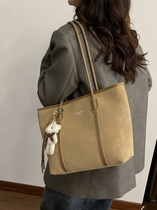 Large khaki suede tote bag for women with fashion lettering and cute teddy bear pendant