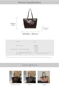 Detailed size chart and material specs for high-capacity PU leather tote bag with heart charm