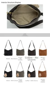 Internal layout and color palette of large matte leather hobo bags with bear pendants