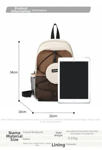 Dettaglio dello zaino bicolore con mini pochette rimovibile e confronto delle dimensioni