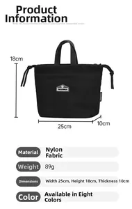 Lightweight nylon handbag detail showing 25x18x10cm size and 89g weight specifications