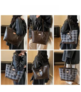 Lifestyle views of large tote bags in dark coffee and grey plaid with mini charms
