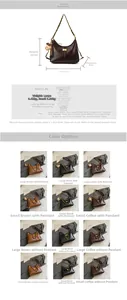 Size chart showing dimensions of quilted crossbody bag in black brown and coffee colors