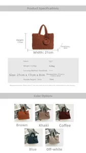Detailed infographic showing dimensions of the handmade knitted tote bag with 5 color options