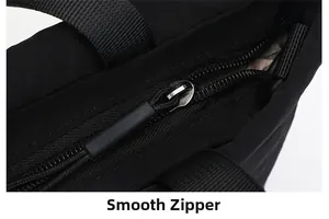 Detail view of the smooth metal zipper system and nylon fabric texture on a black bag